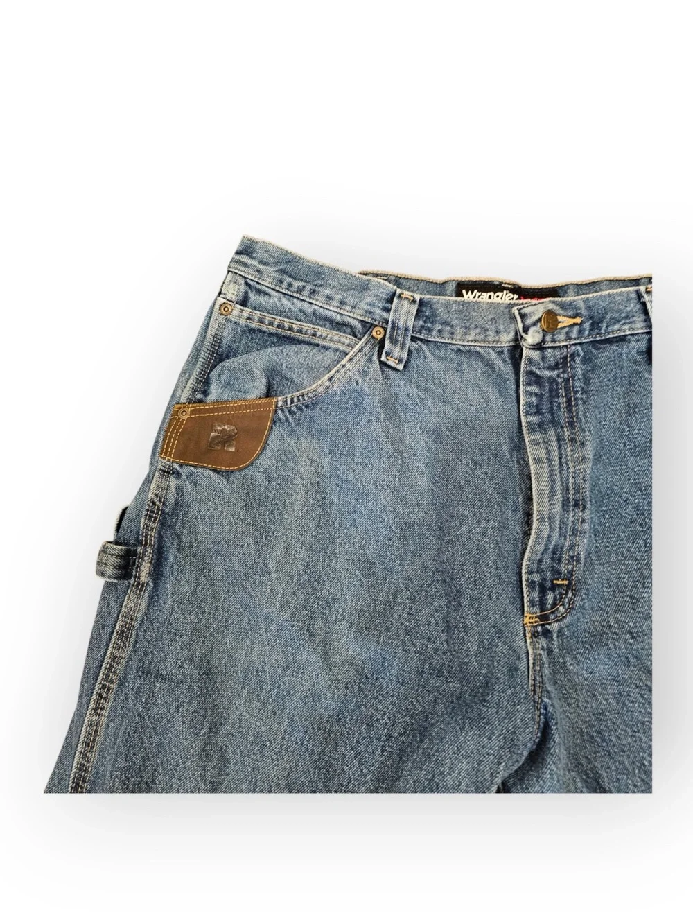 Wrangler Riggs Workwear Carpenter Jeans 38x34 Leather Pocket Clip Blue Denim